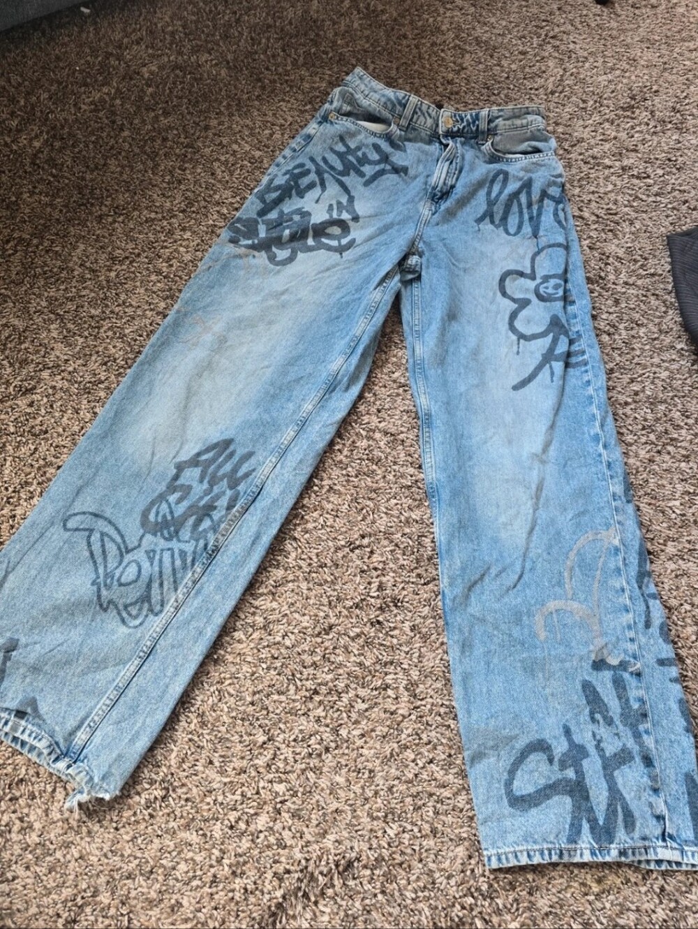 H&M Light Blue Graffiti Wide-Leg Jeans